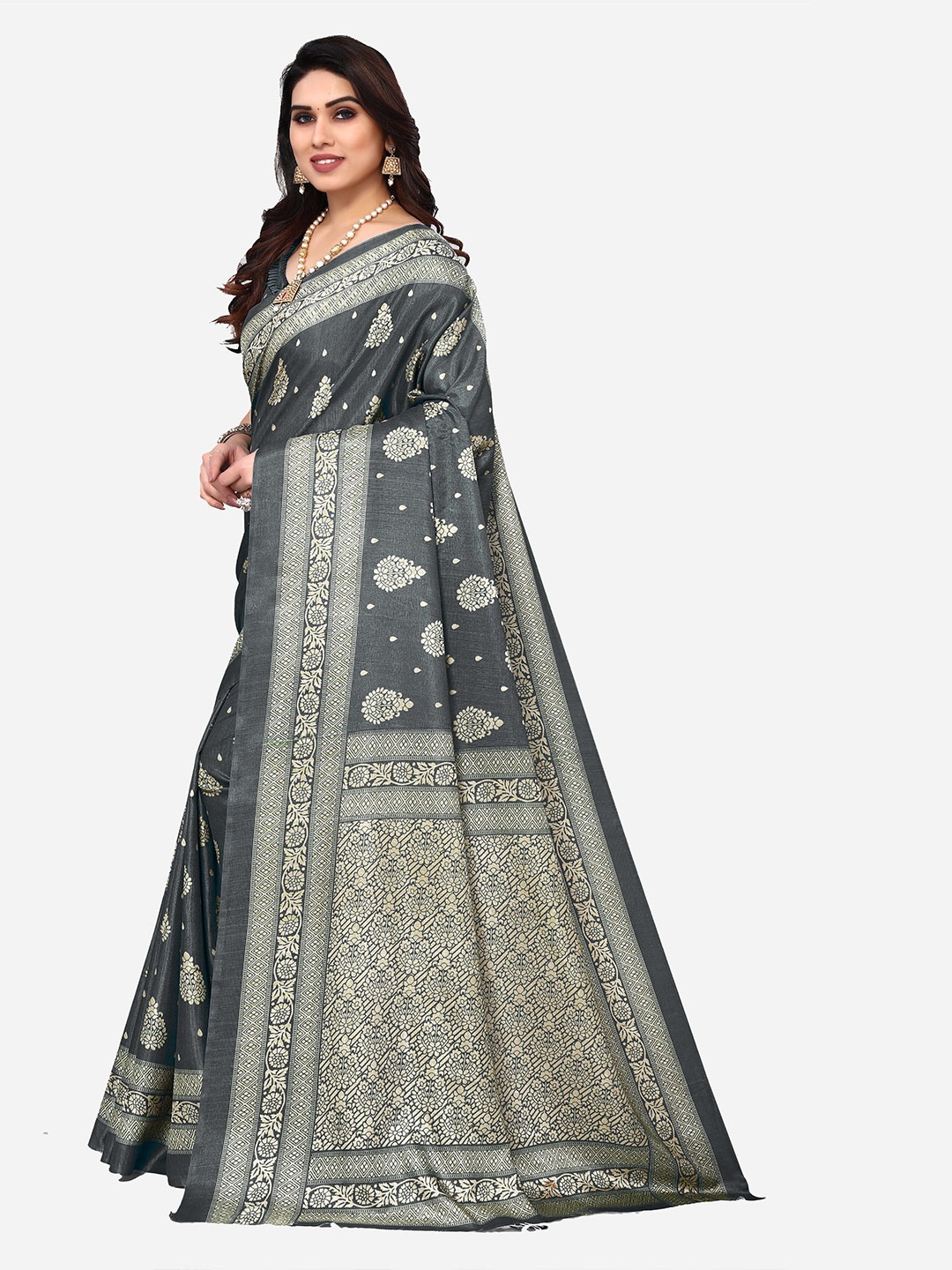 

VIRICA Ethnic Motif Pure Cotton Khadi Saree, Grey