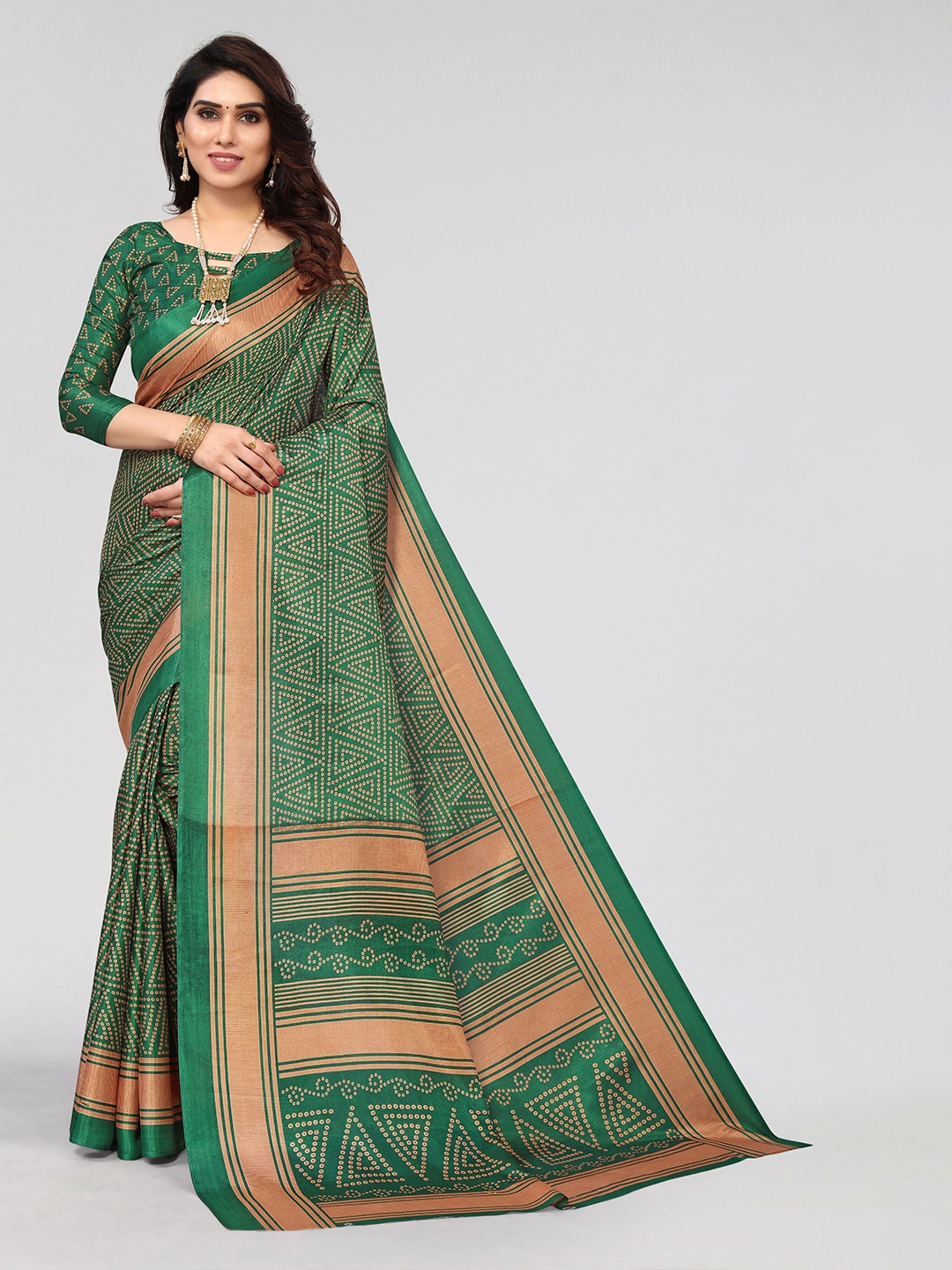 

VIRICA Printed Pure Cotton Khadi Saree, Green