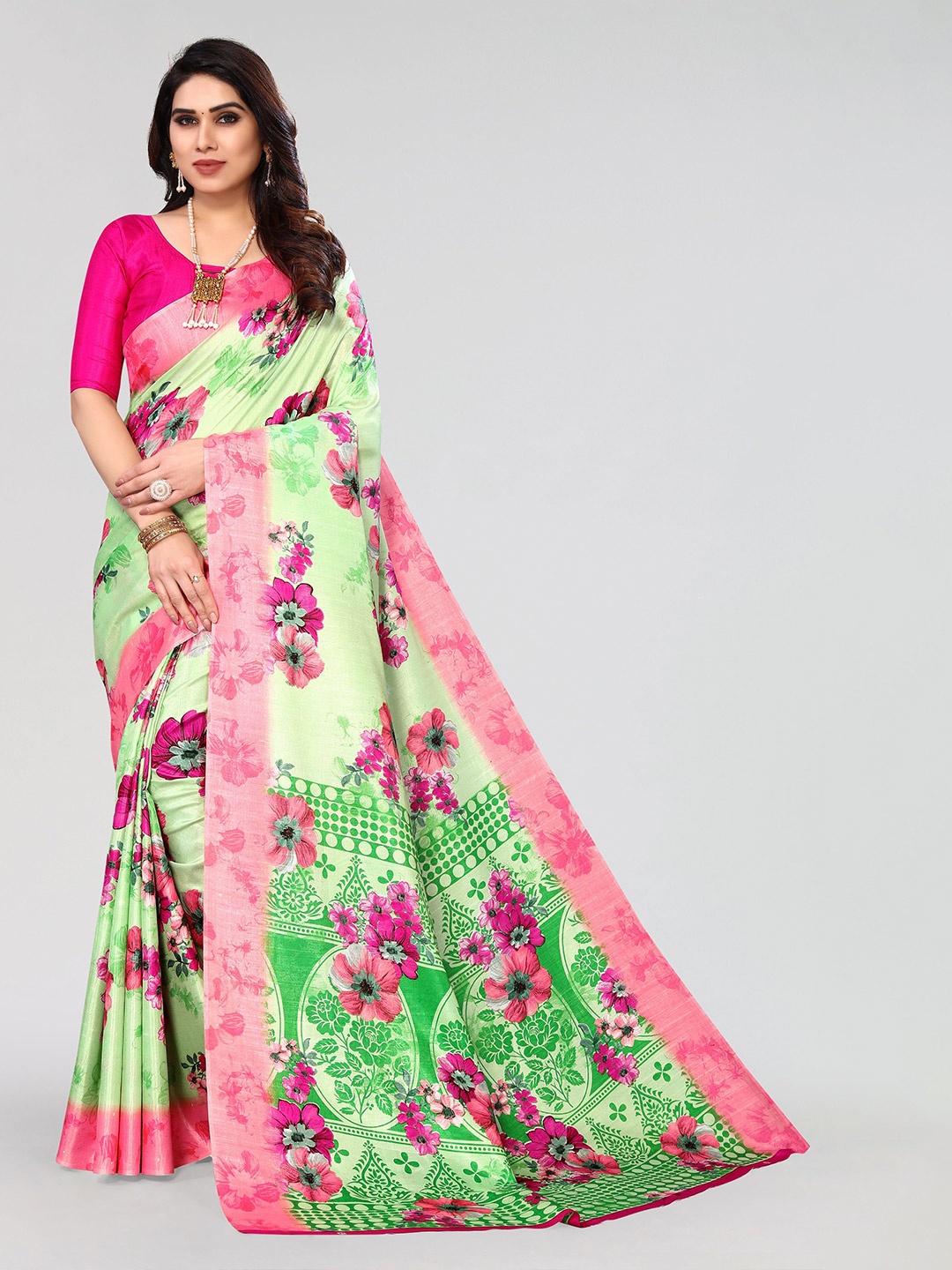 

VIRICA Floral Pure Cotton Khadi Saree, Green