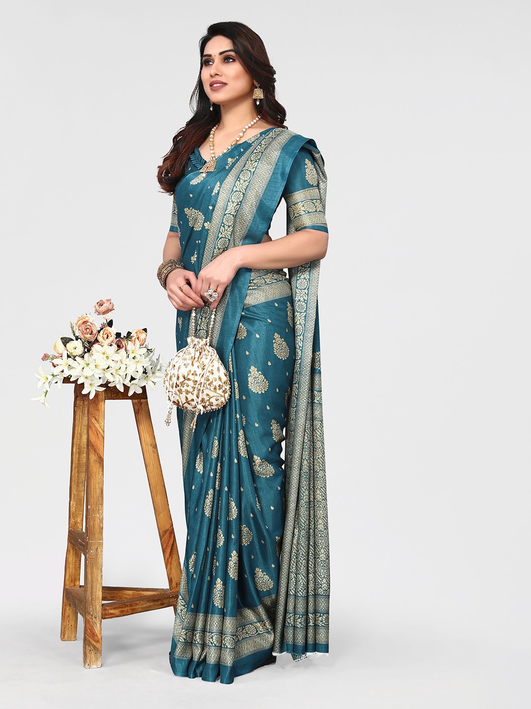 

VIRICA Ethnic Motifs Pure Cotton Khadi Saree, Teal