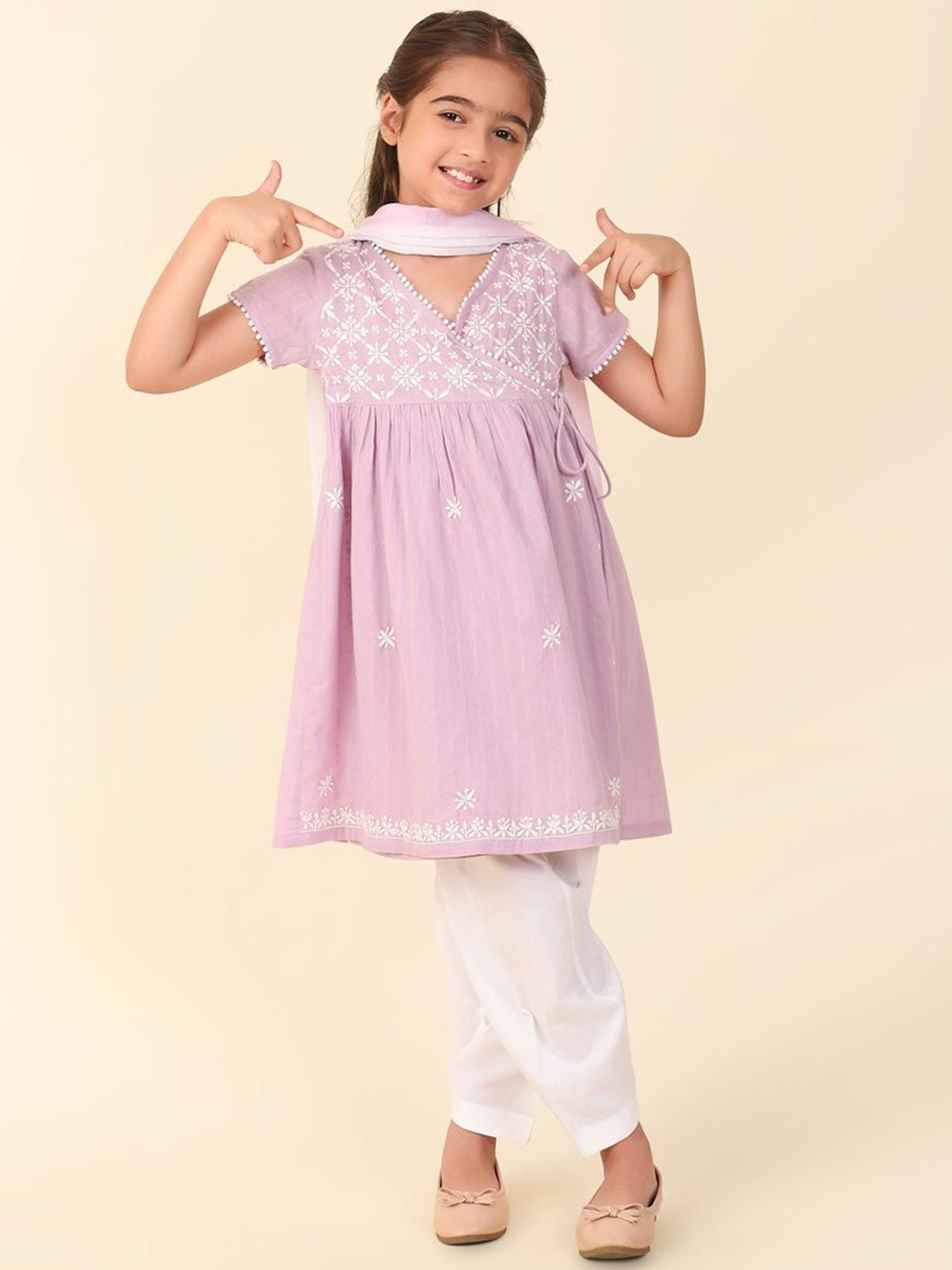 

Fabindia Girls Ethnic Motifs Embroidered Angrakha Cotton Anarkali Kurta & Salwar & Dupatta, Lavender