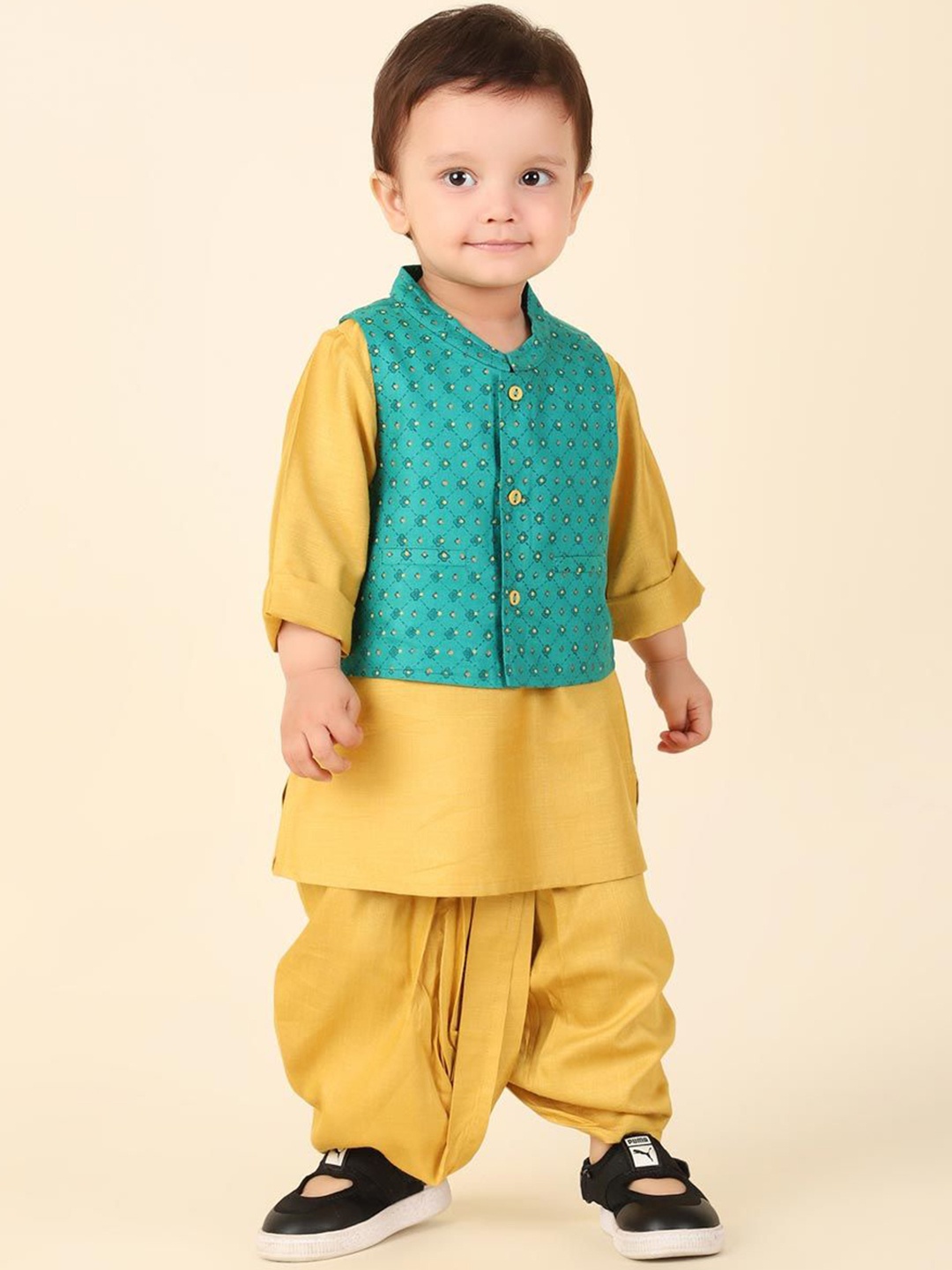 

Fabindia Boys Straight Kurta With Dhoti & Nehru Jacket, Yellow