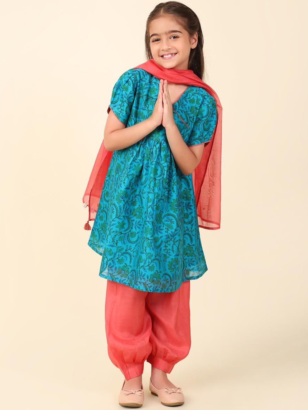 

Fabindia Girls Ethnic Motifs Angrakha Cotton Silk Anarkali Kurta & Salwar & Dupatta, Teal