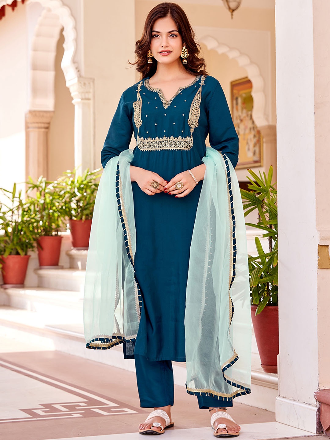 

KALINI Ethnic Motifs Embroidered Straight Kurta with Trousers & Dupatta, Teal
