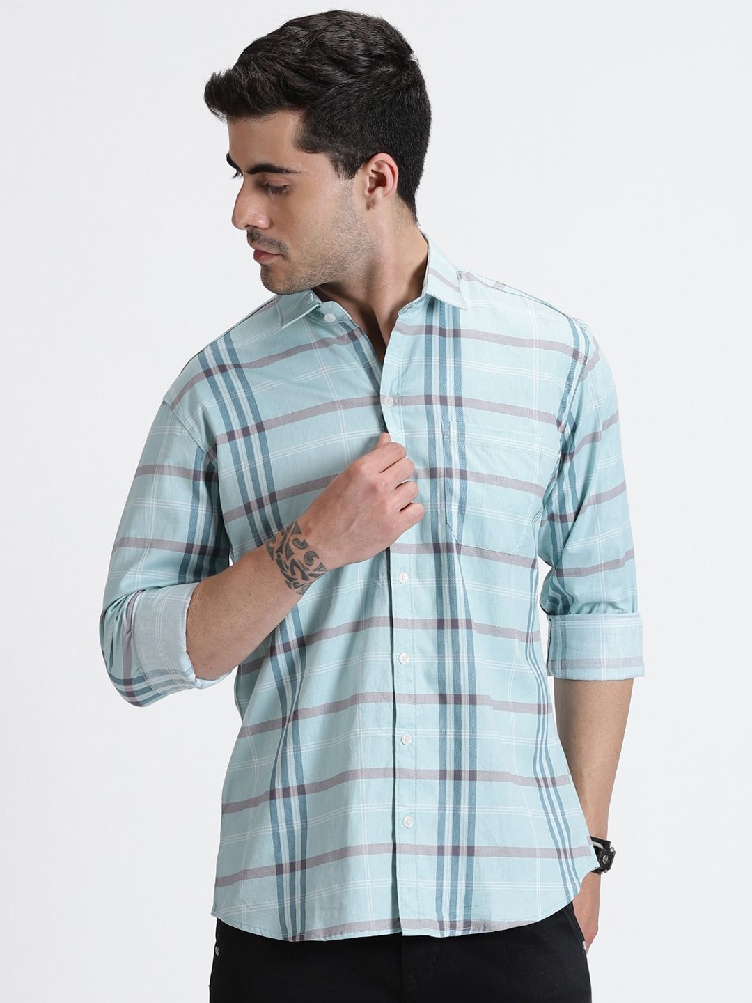 

MISCHIEF MONKEY Men Classic Tailored Fit Tartan Checked Casual Shirt, Blue