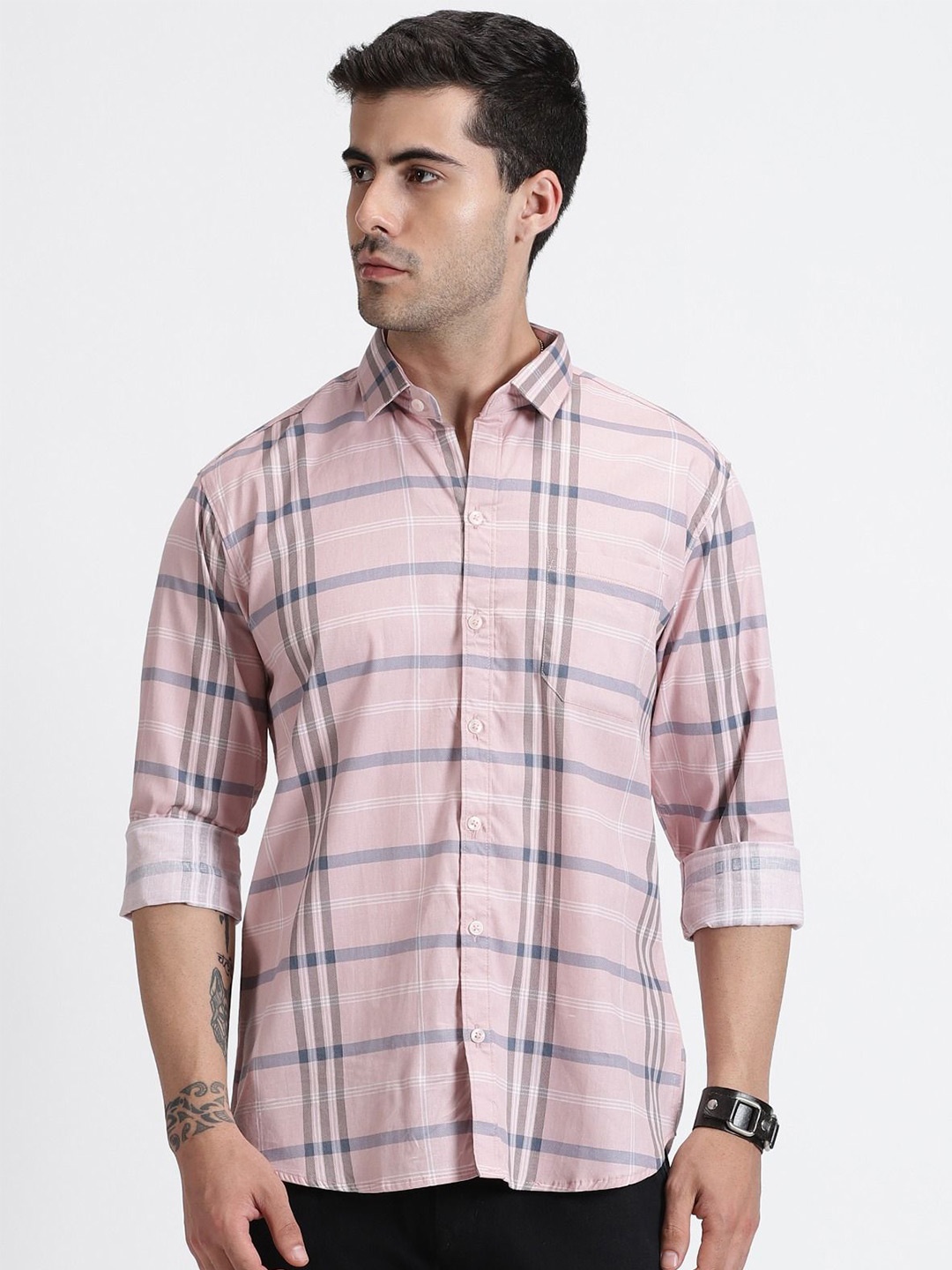 

MISCHIEF MONKEY Men Classic Windowpane Checks Opaque Checked Casual Shirt, Pink