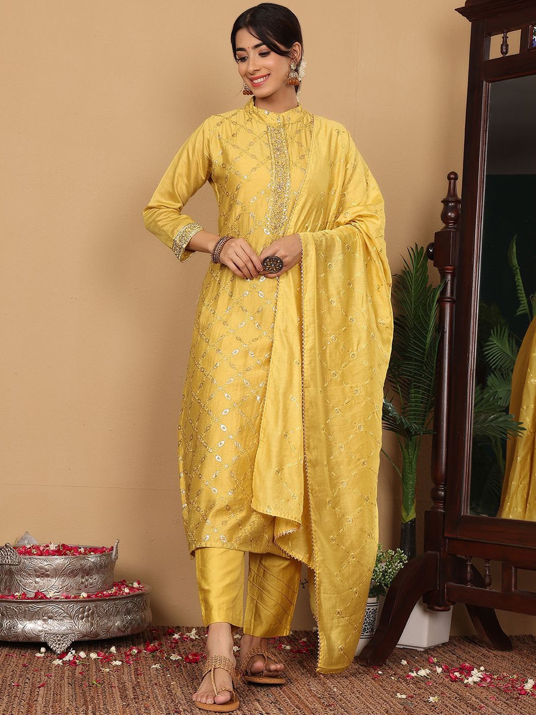 

Varanga Yellow Embroidered Sequinned Pure Silk Straight Kurta with Trousers & Dupatta