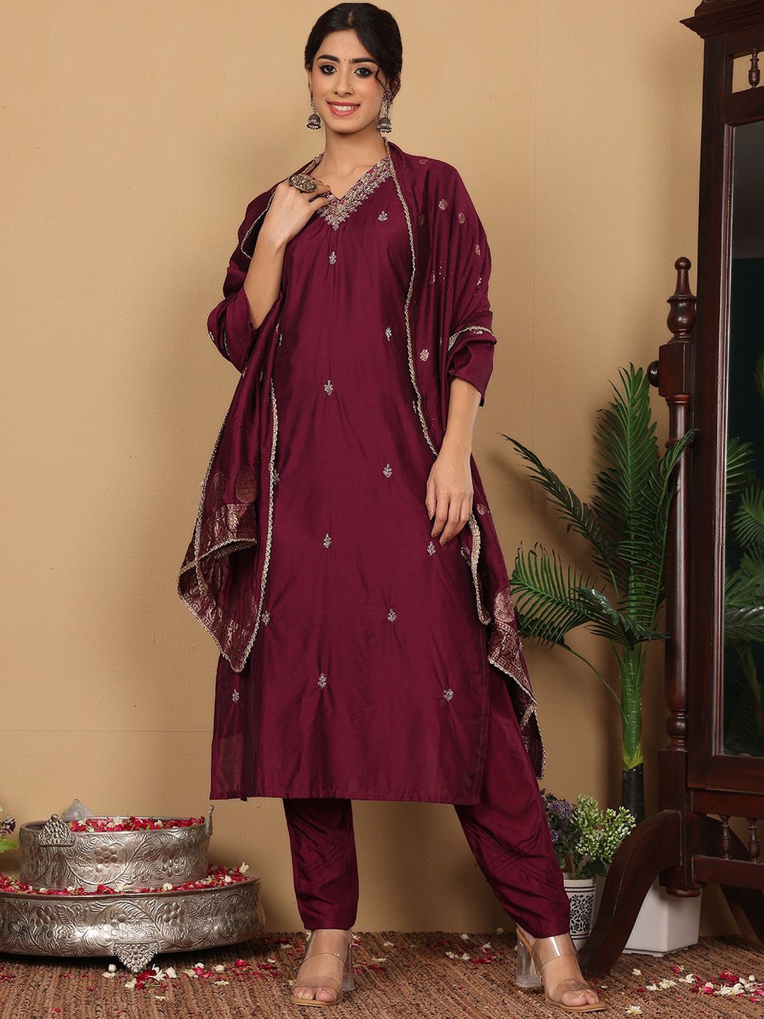 

Varanga Purple Embroidered Sequinned Pure Silk Straight Kurta with Trousers & Dupatta