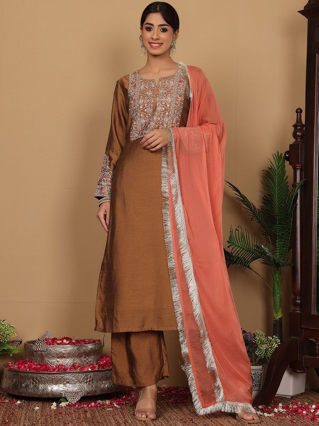 

Varanga Ethnic Motifs Embroidered Zari A-Line Kurta With Trousers & Dupatta, Mustard