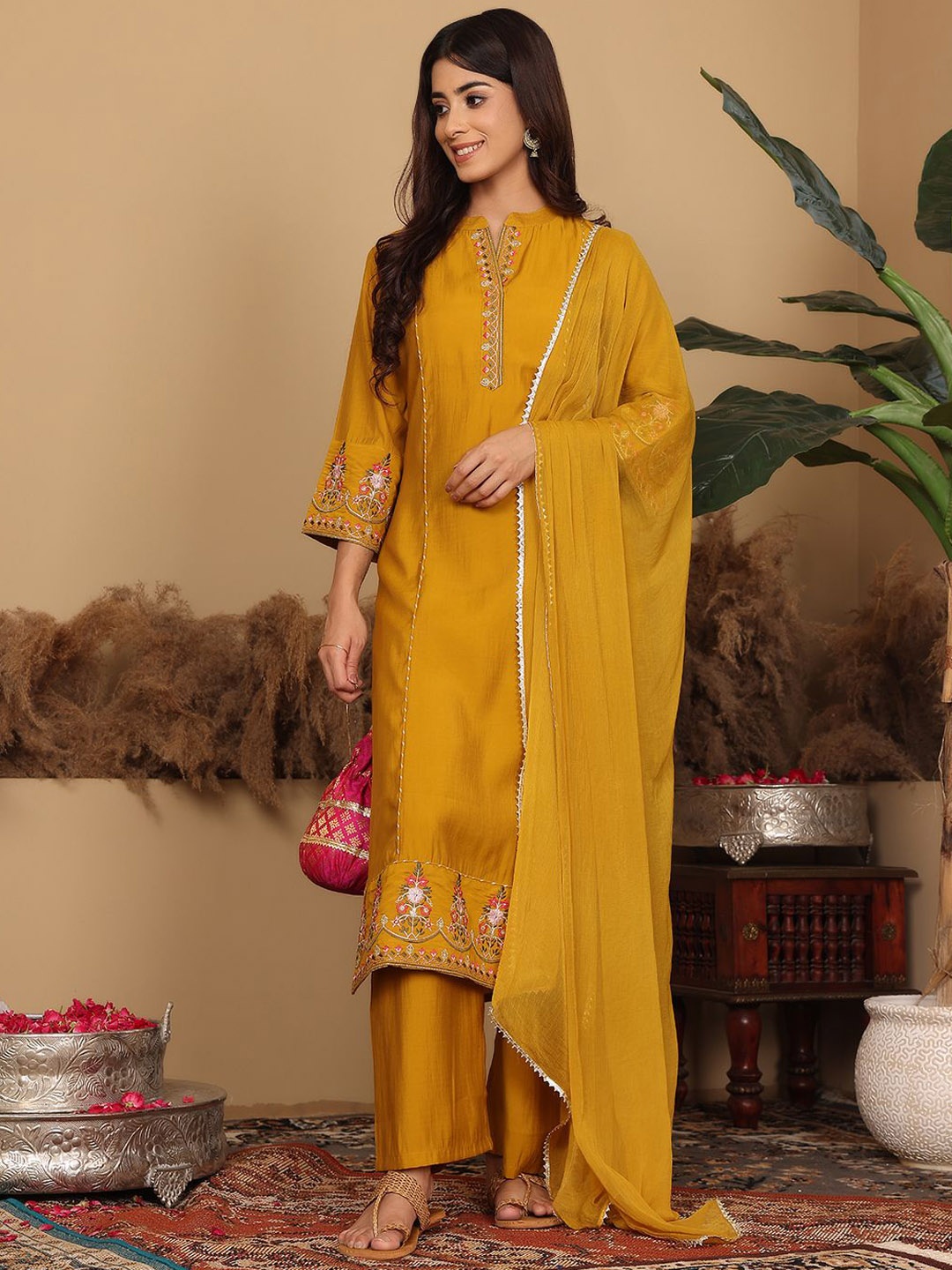 

Varanga Yellow Floral Embroidered Thread Work Straight Kurta with Trousers & Dupatta