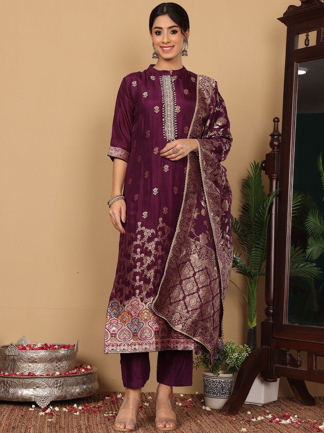 

Varanga Women Ethnic Motifs Beads & Stones Silk Kurta with Trousers & Banarasi Dupatta, Purple