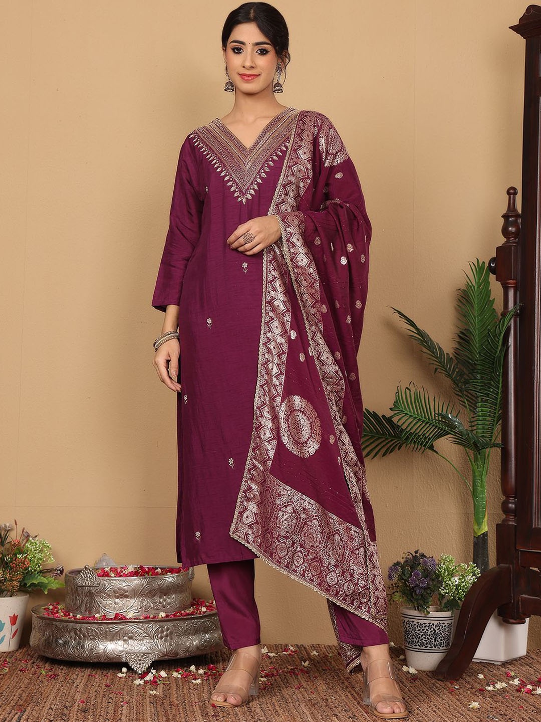 

Varanga Ethnic Motifs Embroidered Pure Silk Kurta with Trousers & Dupatta, Purple