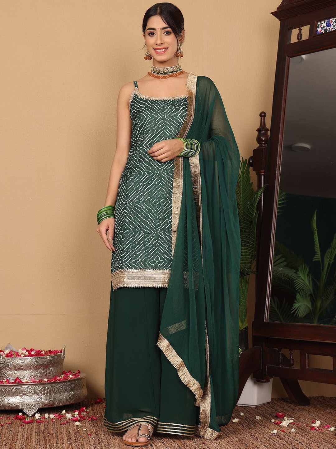 

Varanga Bandhani Printed Beads and Stones Pure Silk Straight Kurta With Palazzo & Dupatta, Teal