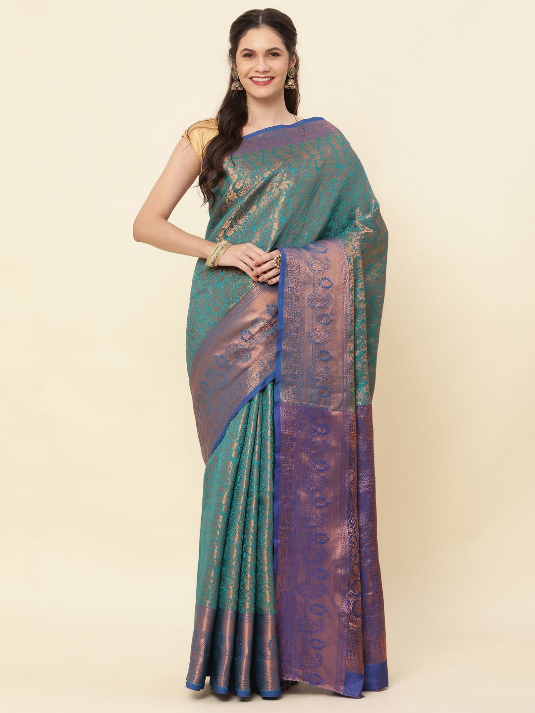 

High Five Tex Woven Design Zari Pure Silk Kanjeevaram Saree, Green