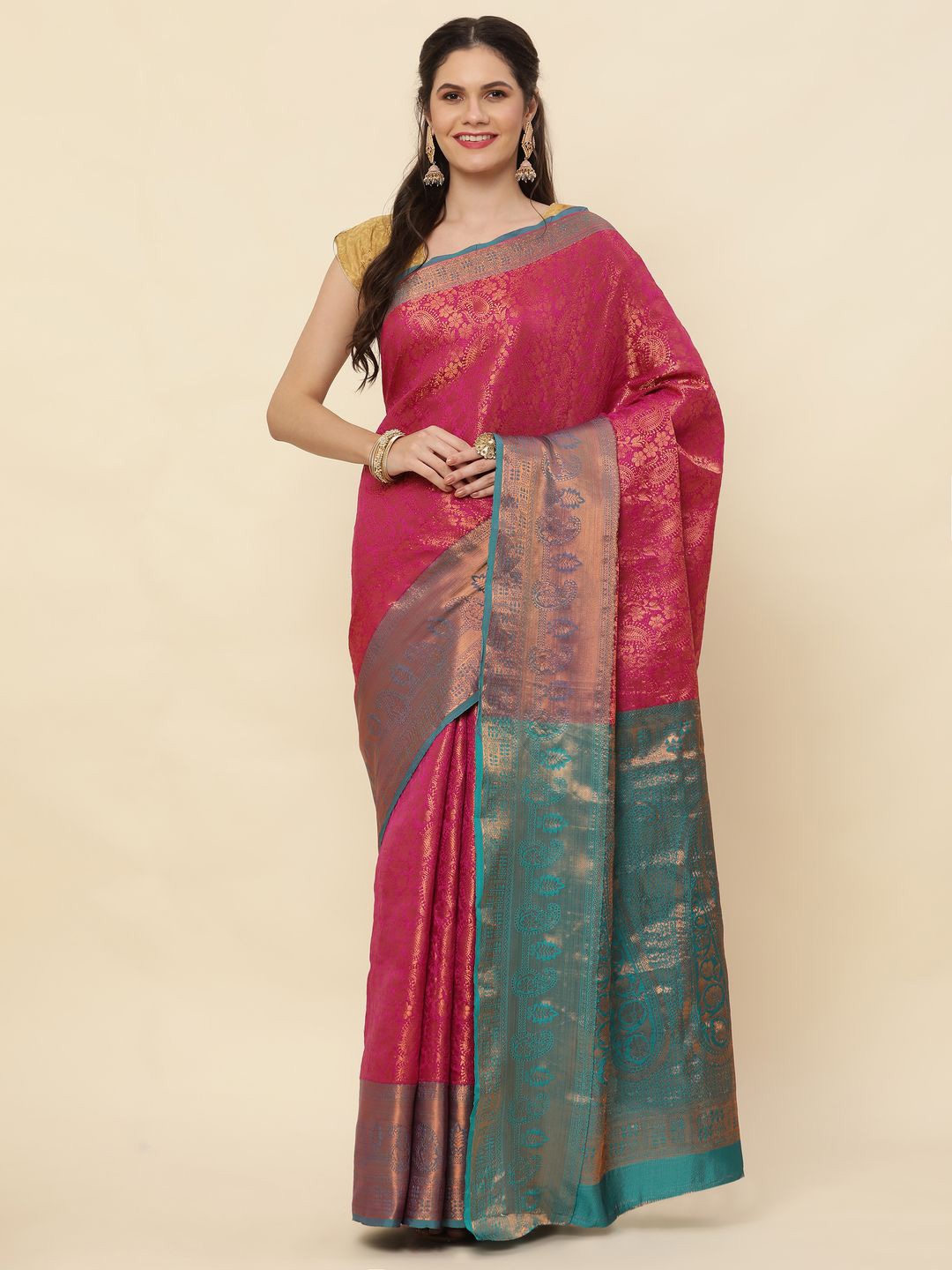 

High Five Tex Woven Design Zari Pure Silk Kanjeevaram Saree, Pink