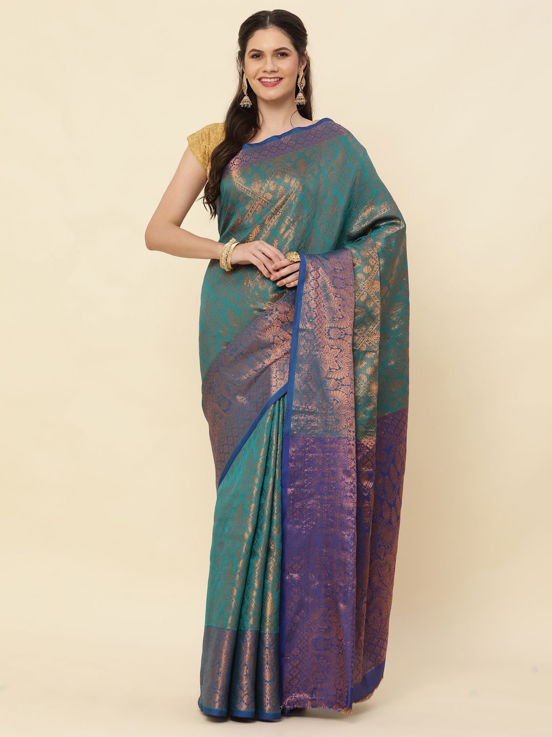 

High Five Tex Ethnic Motifs Zari Woven Pure Silk Kanjeevaram Saree, Sea green