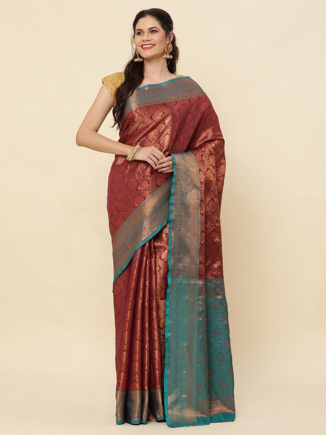 

High Five Tex Ethnic Motifs Zari Pure Silk Kanjeevaram Saree, Maroon