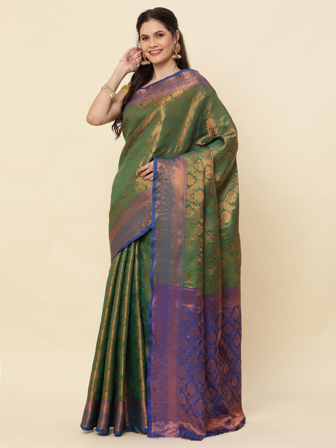 

High Five Tex Woven Design Zari Pure Silk Kanjeevaram Saree, Green