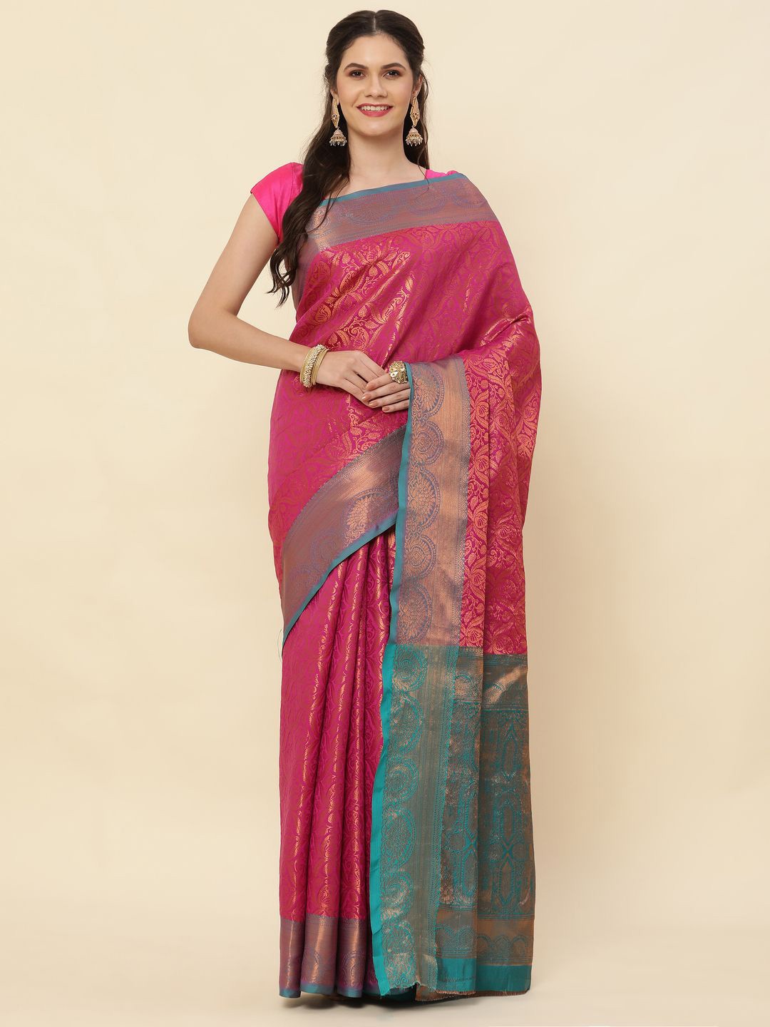 

High Five Tex Kanjeevaram Silk Blend Woven Design Zari Traditional Saree, Pink