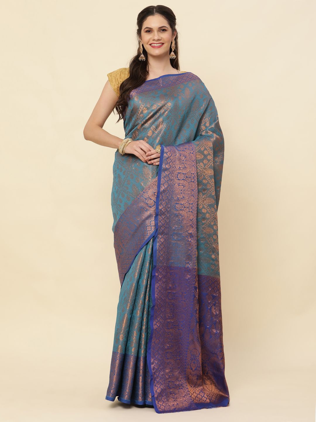 

High Five Tex Woven Design Zari Pure Silk Kanjeevaram Saree, Teal