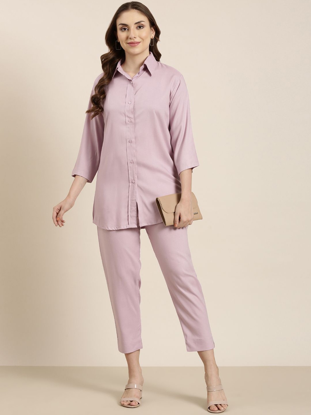 

SHOOLIN Shirt Collar Regular Top with Trousers, Purple