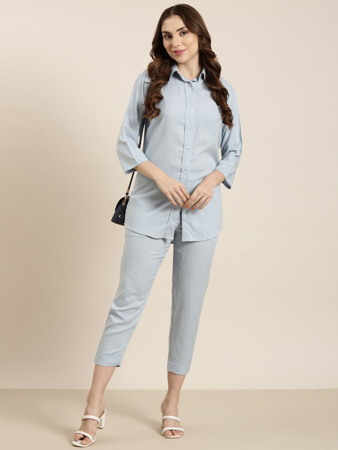 

SHOOLIN Shirt Collar Three-Quarter Sleeves Shirt & Trouser, Blue
