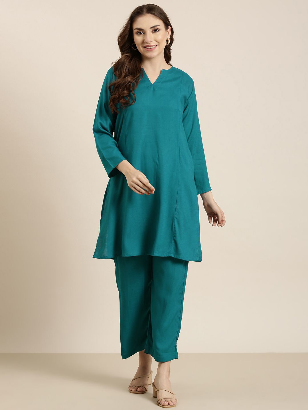 

SHOOLIN Notch Neck Regular Top with Trousers, Teal