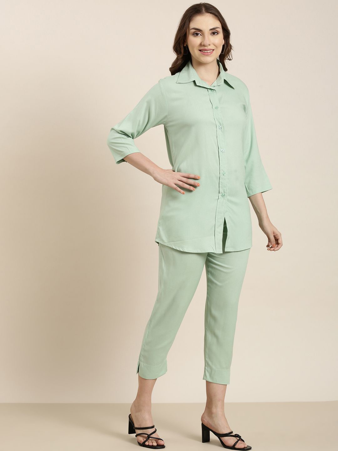 

SHOOLIN Shirt Collar Three-Quarter Sleeves Shirt With Trousers, Green