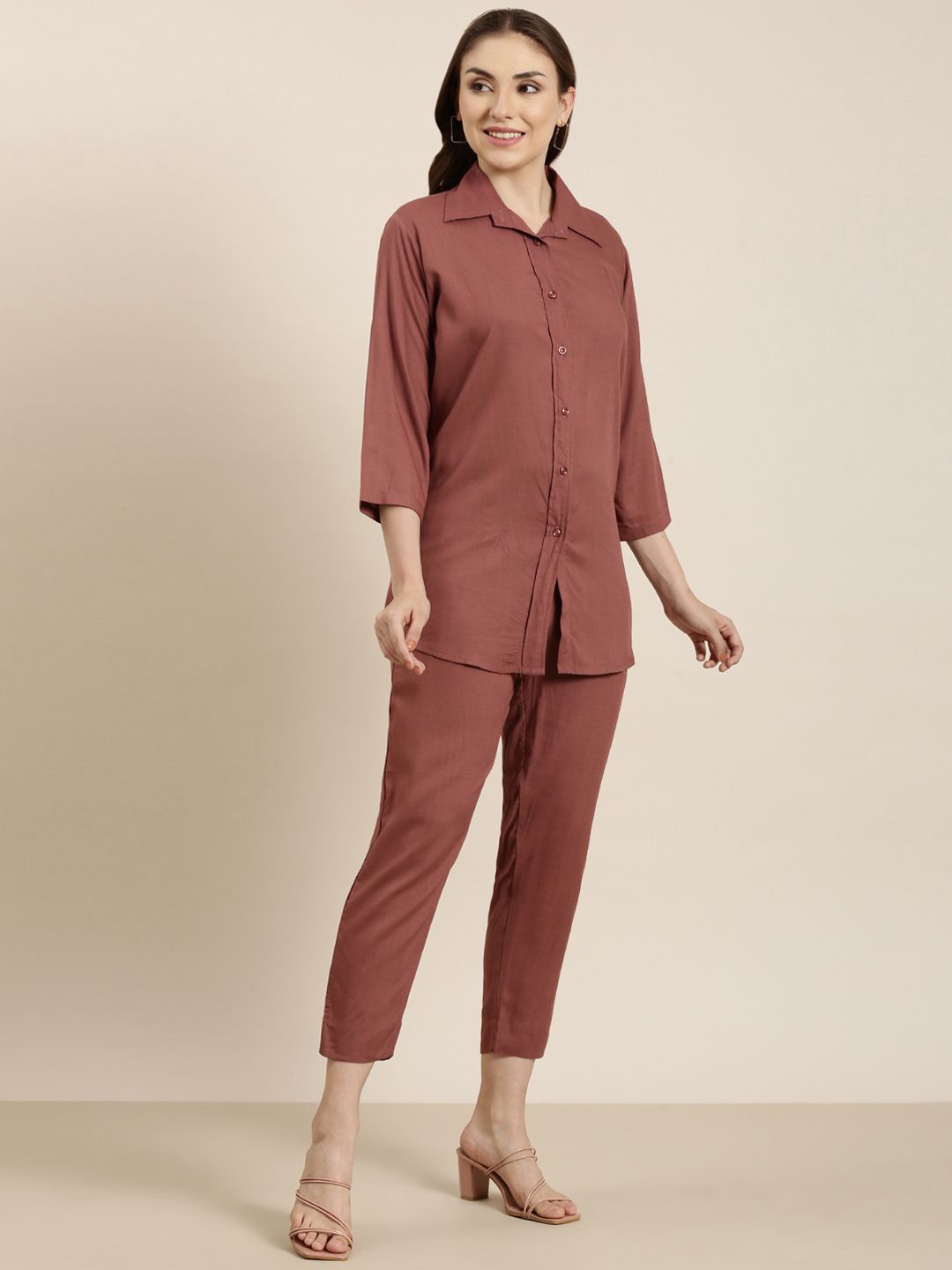 

SHOOLIN Shirt Collar Three-Quarter Sleeves Shirt & Trouser, Mauve