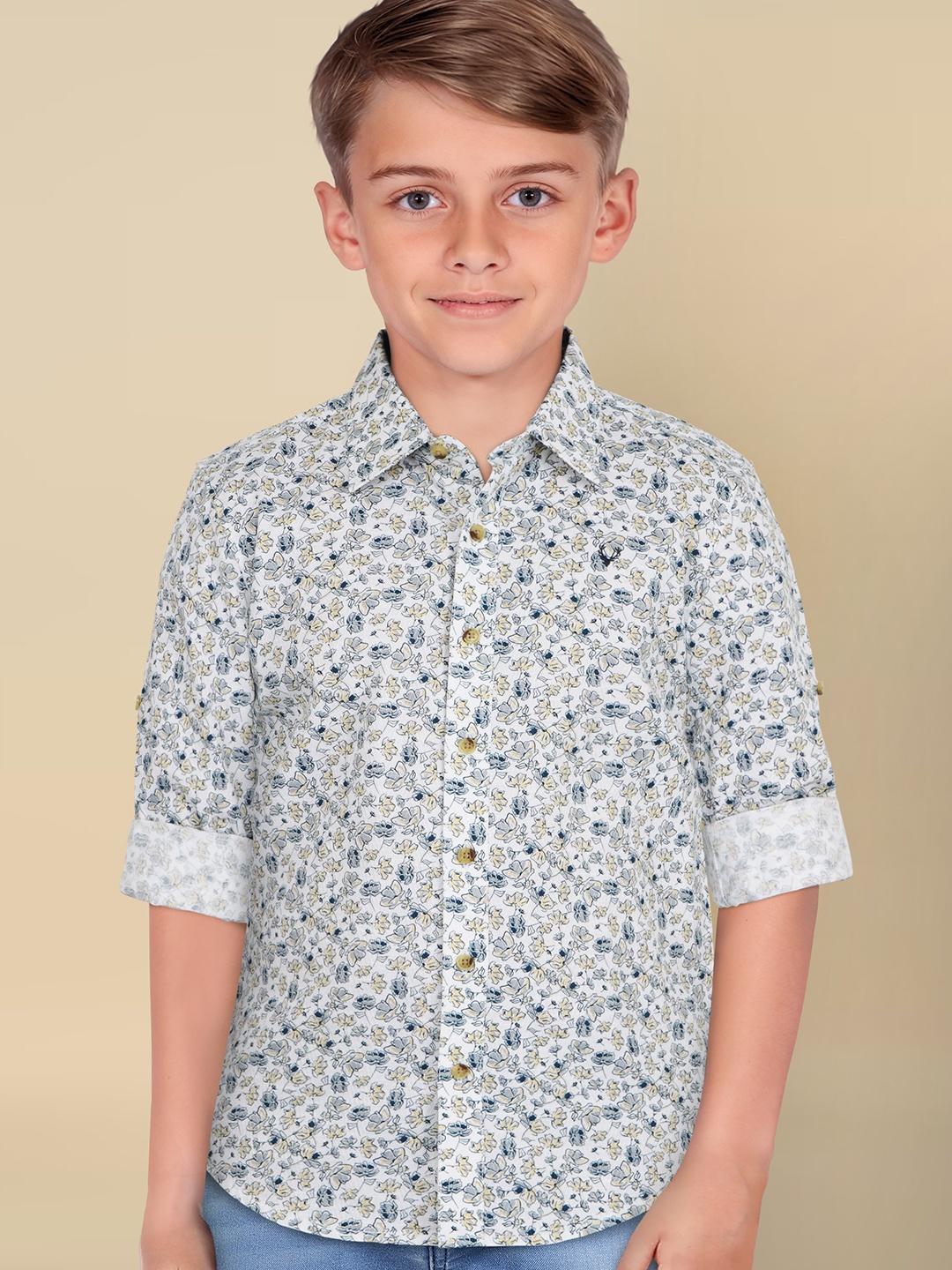 Allen Solly Junior Boys Slim Fit Floral Opaque Printed Casual Shirt, White