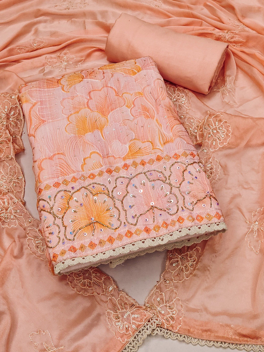 

MAHALASA Floral Embroidered Unstitched Dress Material, Peach