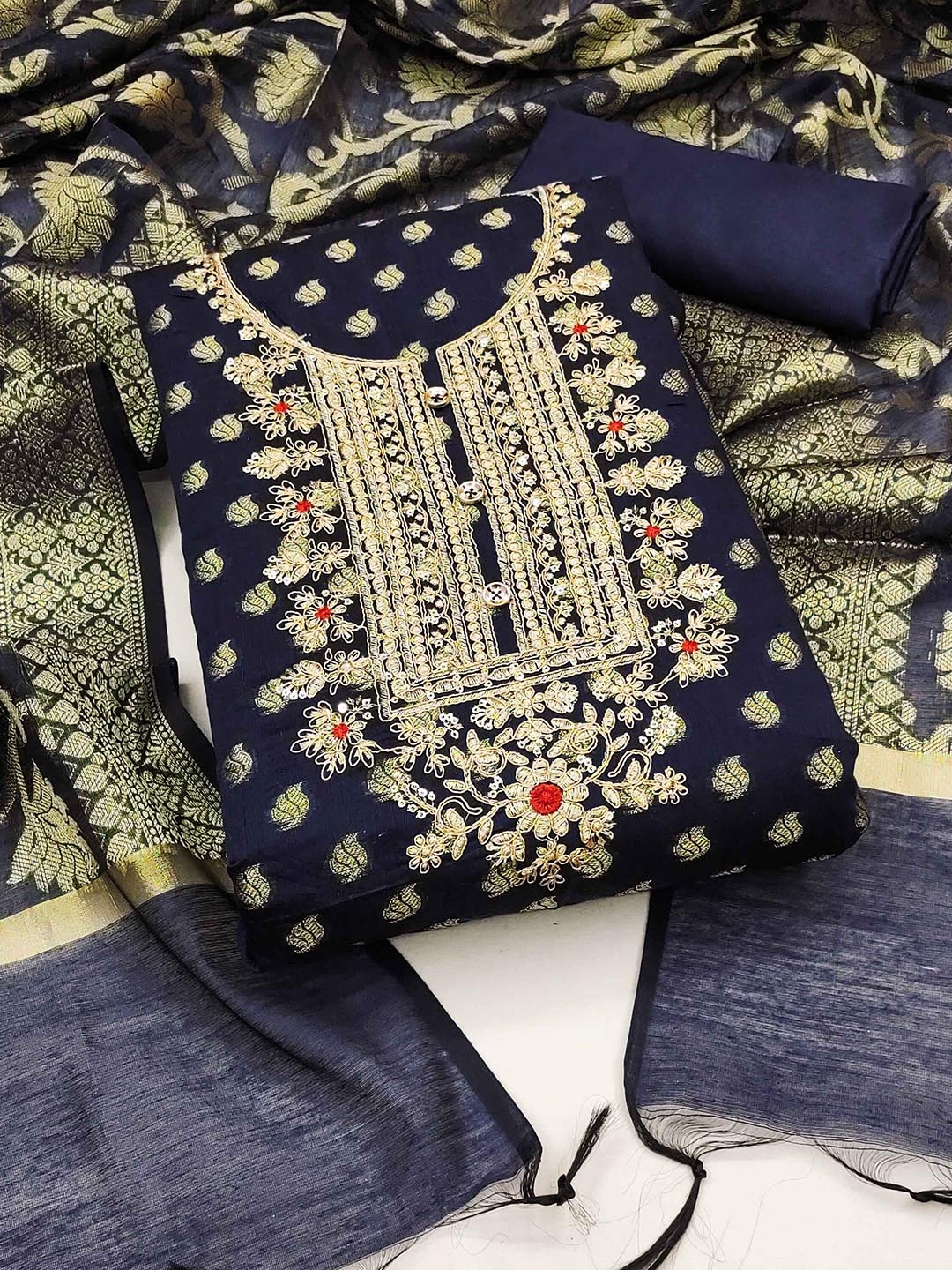 

MAHALASA Floral Embroidered Unstitched Dress Material, Navy blue