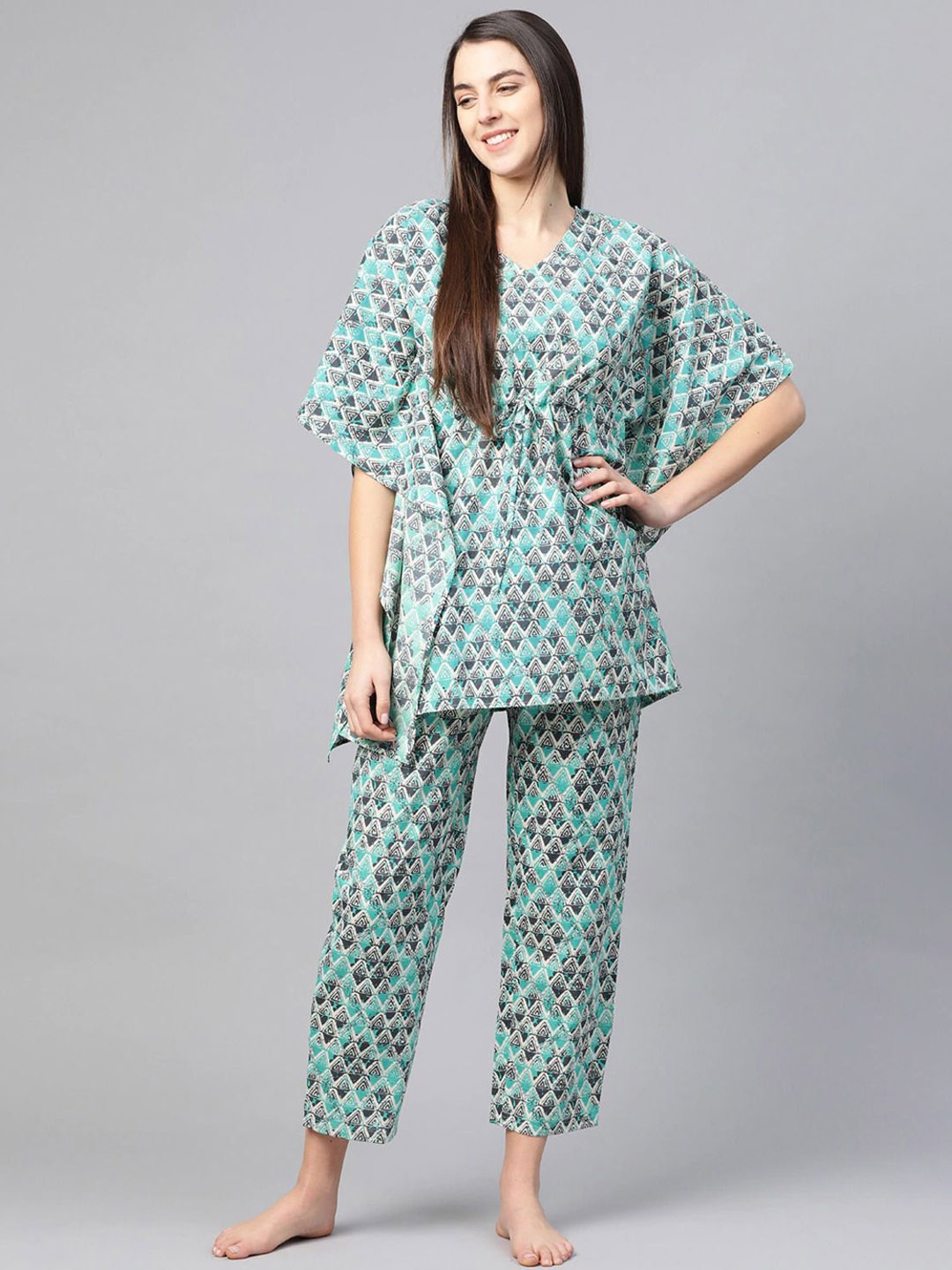 

KALINI Women Printed Pure Cotton Night suit, Sea green