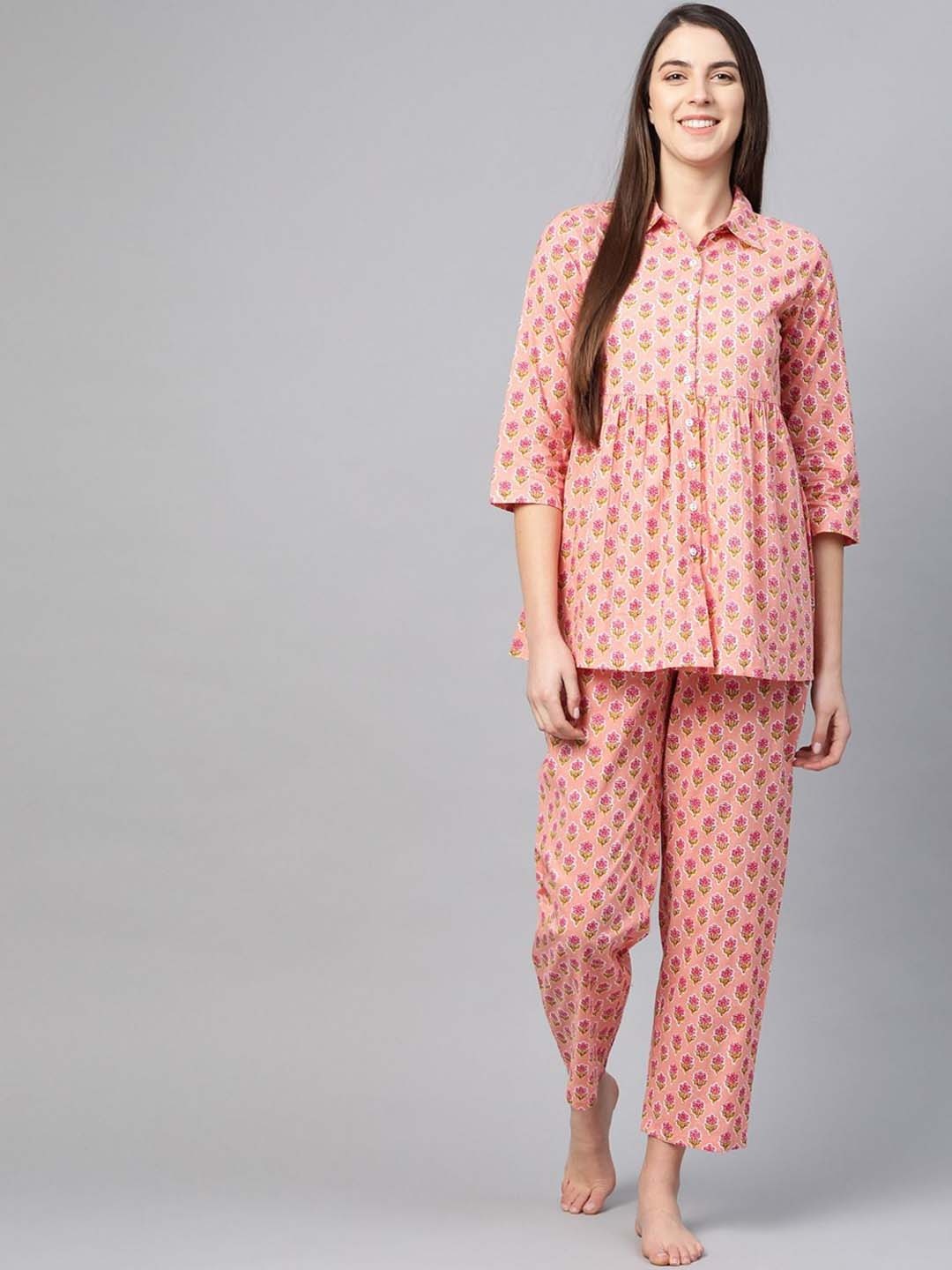 

KALINI Women Printed Shirt Collar Mid Rise Pure Cotton Shirt and Pyjamas Night suit, Pink