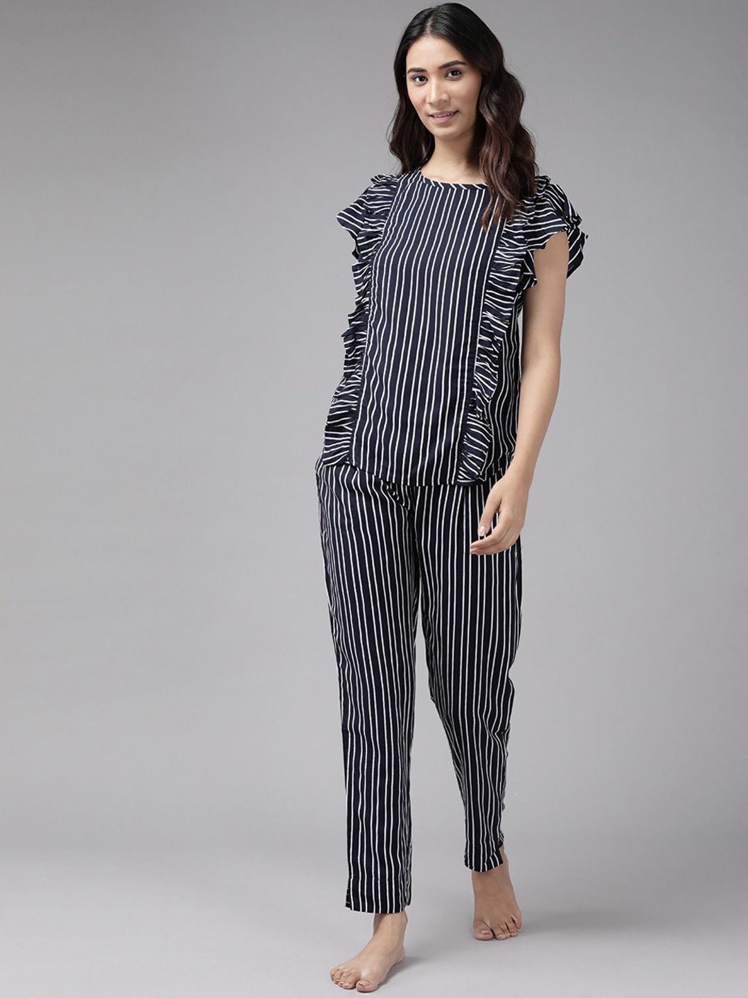 

KALINI Women Striped Top and Pyjamas Night suit, Blue