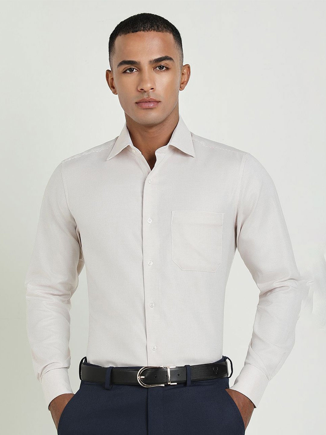 

Allen Solly Sport Men Spread Collar Textured Self Design Cotton Formal Shirt, Cream