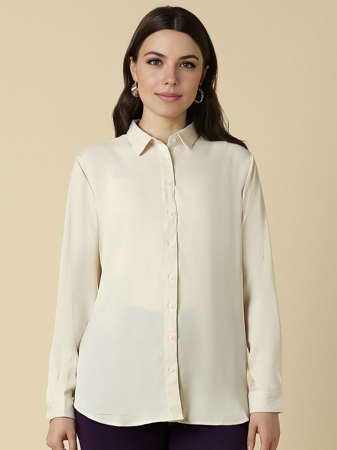 

Allen Solly Woman Solid Spread Collar Formal Shirt, Beige