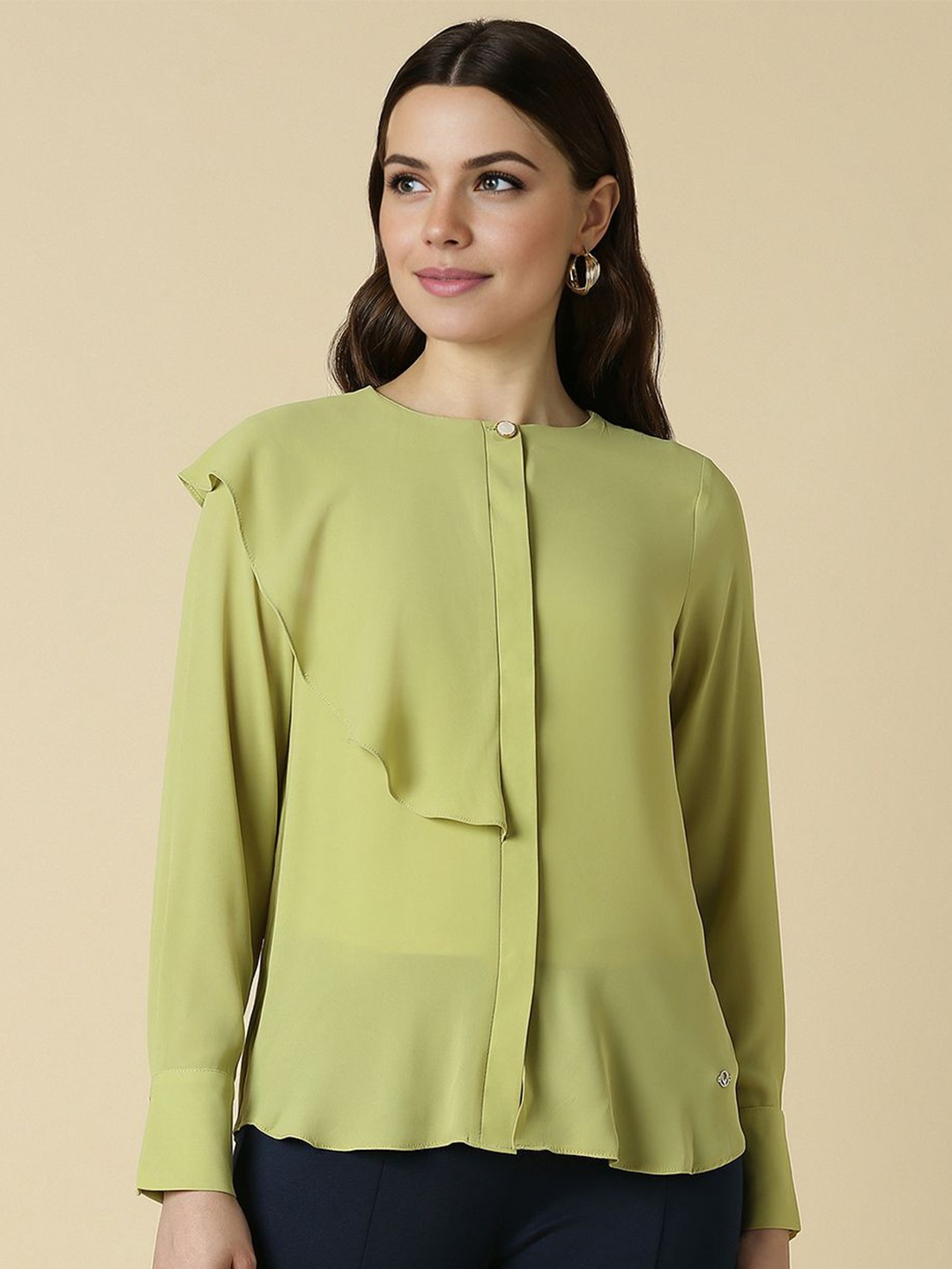 

Allen Solly Woman Opaque Mandarin Collar Solid Formal Shirt, Green