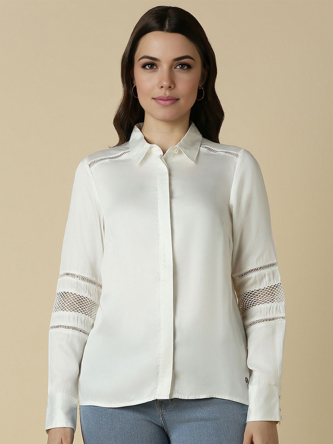 

Allen Solly Woman Solid Spread Collar Casual Shirt, Beige