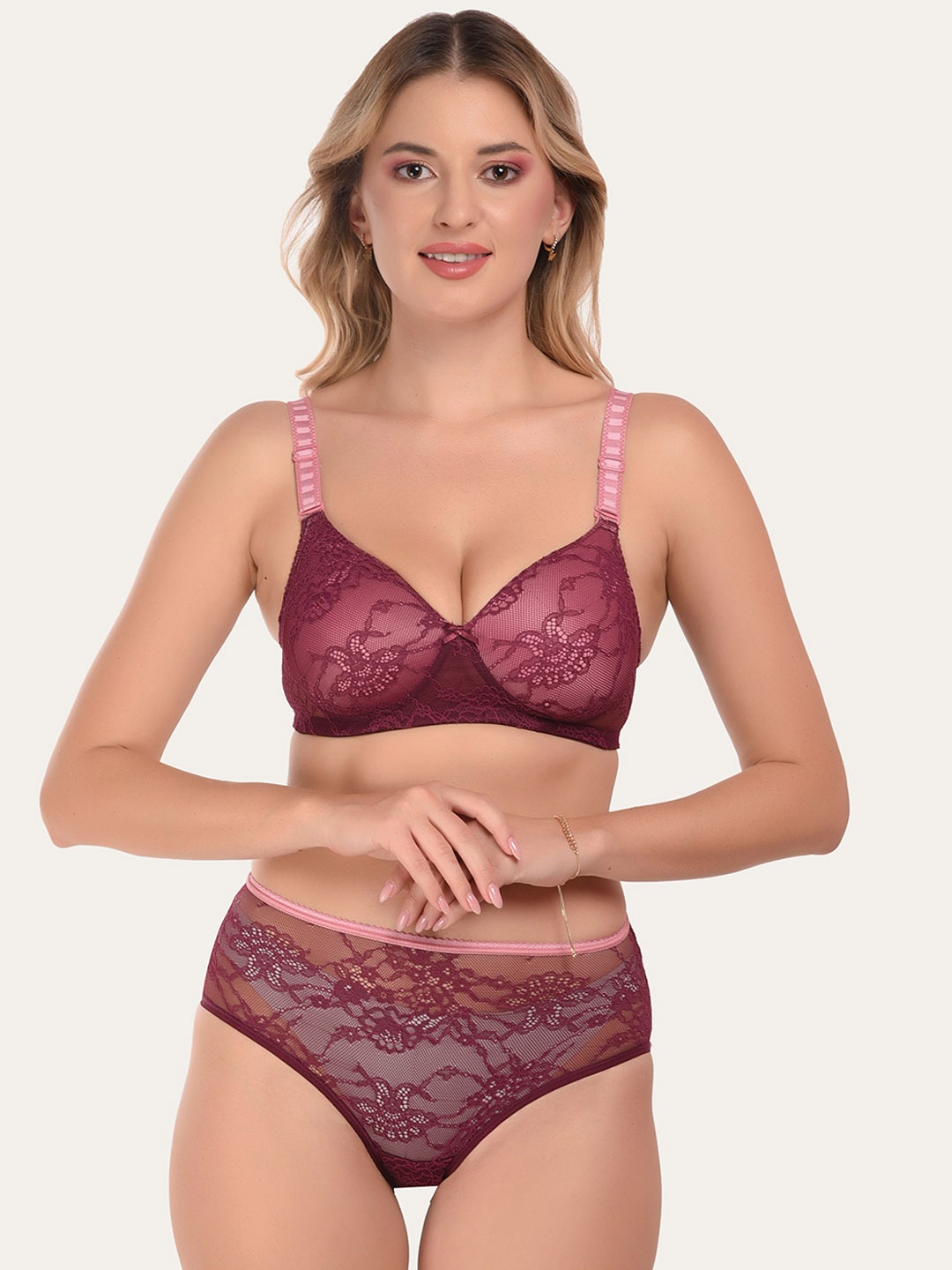 

DressBerry Self Design Padded Non Wired Lingerie Set SDS-5024-Wine, Burgundy