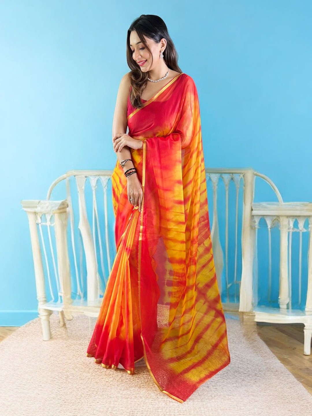 

Vastrasky Global Tie and Dye Organza Leheriya Saree, Yellow