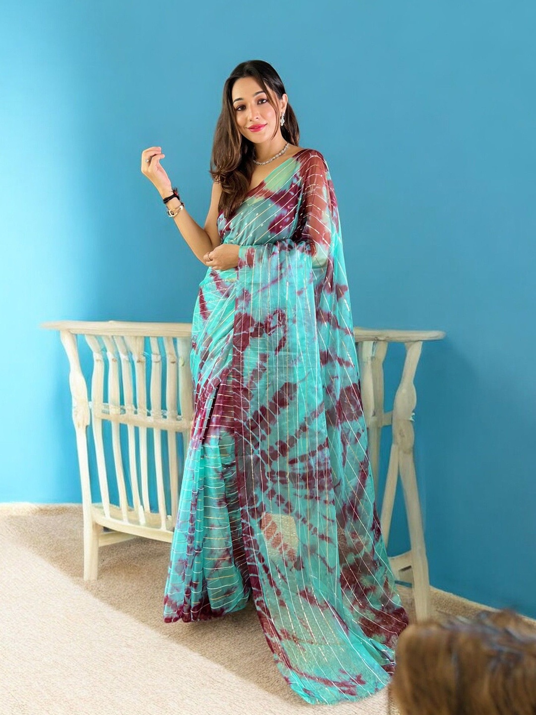 

Vastrasky Global Leheriya Organza Embellished Sequinned Traditional Saree, Turquoise blue
