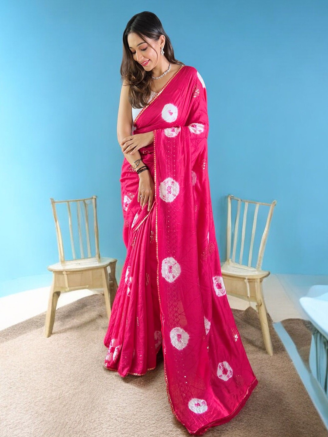 

Vastrasky Global Tie and Dye Pure Cotton Bandhani Saree, Pink