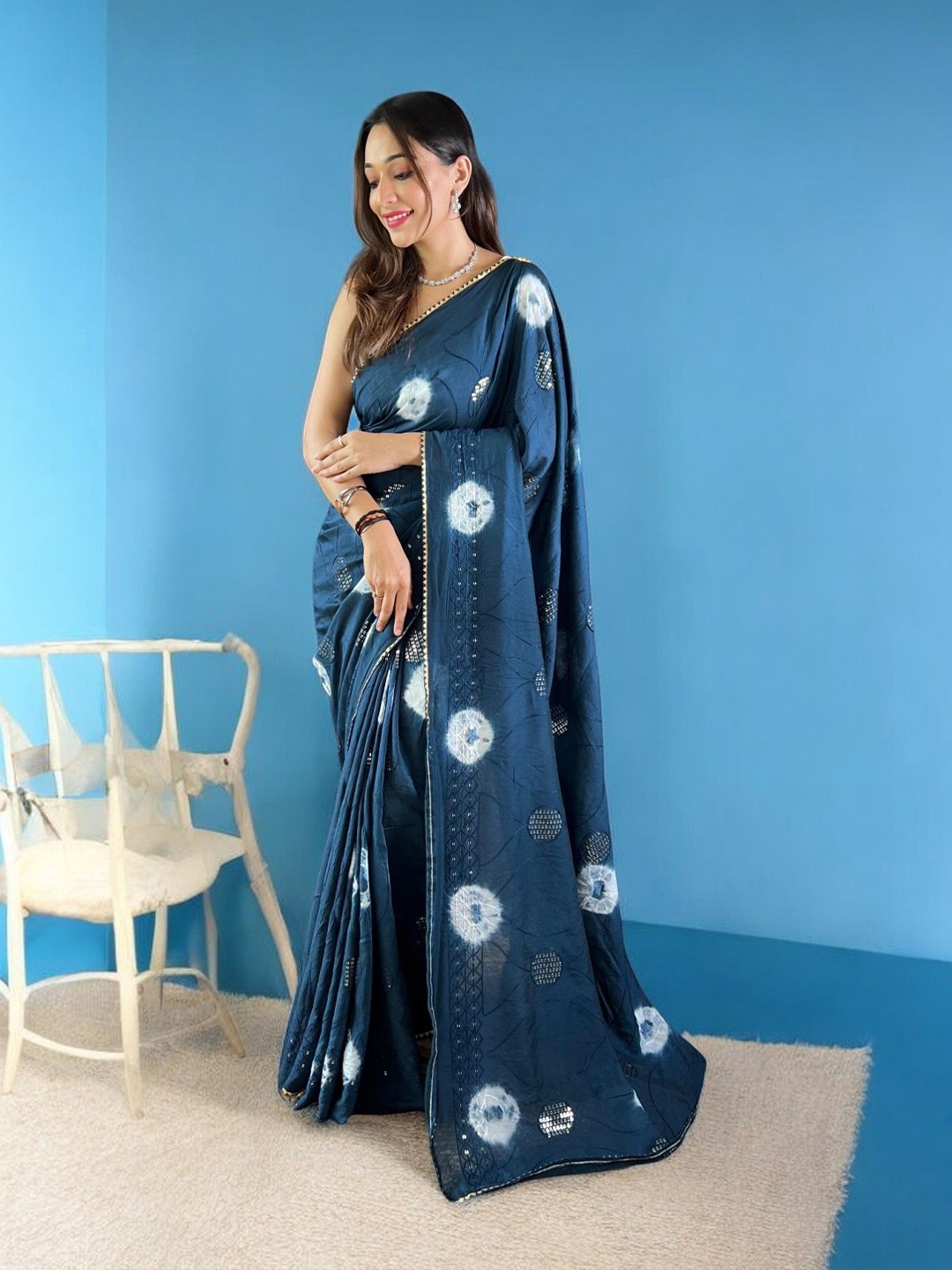 

Vastrasky Global Tie and Dye Gotta Patti Pure Cotton Bandhani Saree, Turquoise blue