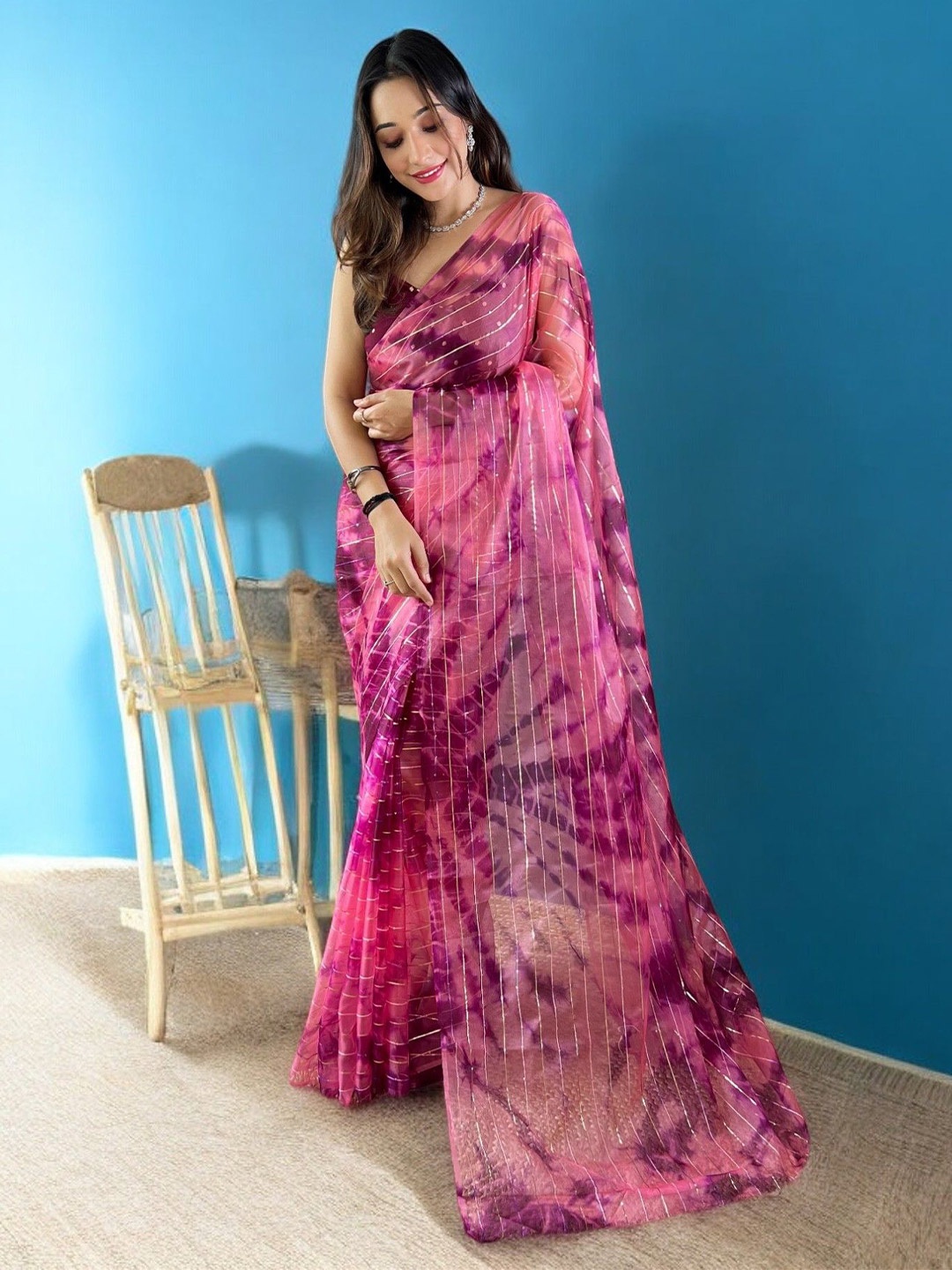 

Vastrasky Global Organza Striped Sequinned Festive Saree, Pink