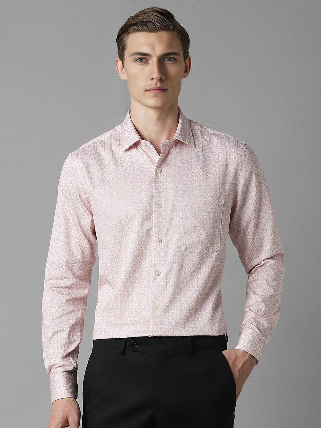 

Louis Philippe Men Spread Collar Abstract Printed Cotton Slim Fit Formal Shirt, Pink