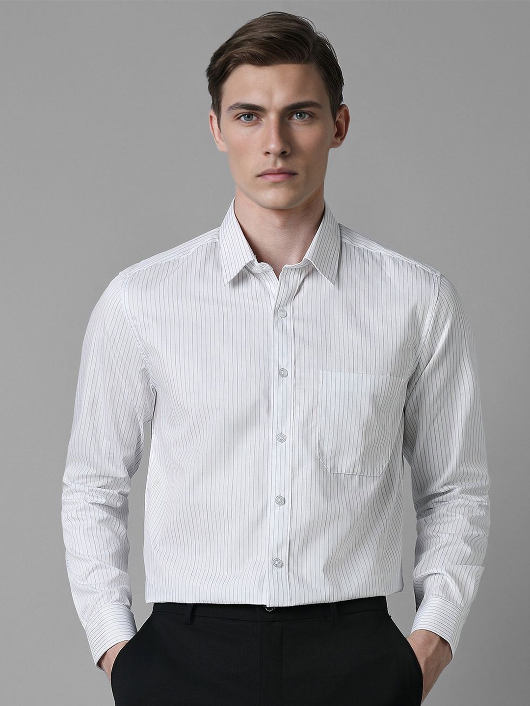 

Louis Philippe Men Spread Collar Striped Cotton Slim Fit Formal Shirt, White