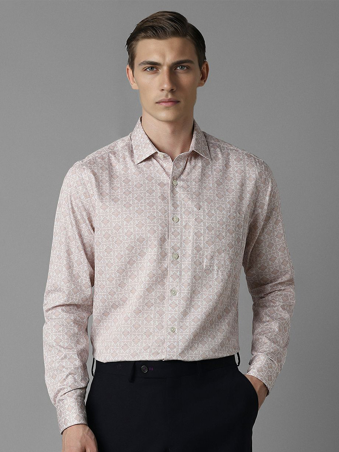 

Louis Philippe Men Spread Collar Abstract Printed Cotton Slim Fit Formal Shirt, Cream