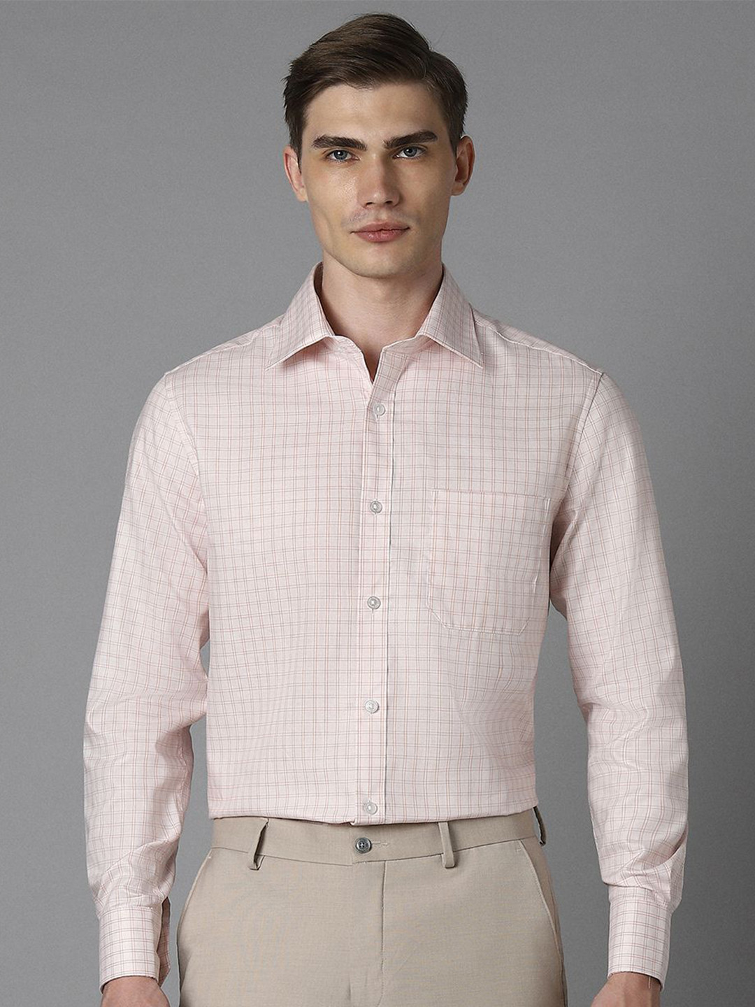 

Louis Philippe Men Spread Collar Grid Tattersall Checked Cotton Formal Shirt, Peach