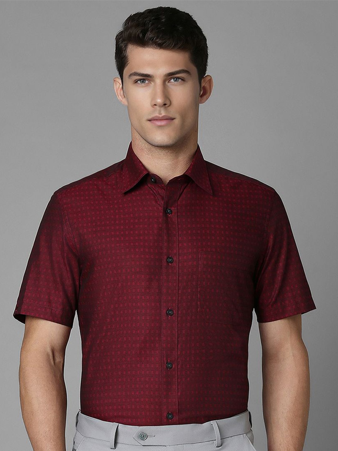 

Louis Philippe Men Spread Collar Micro Checked Cotton Formal Shirt, Maroon